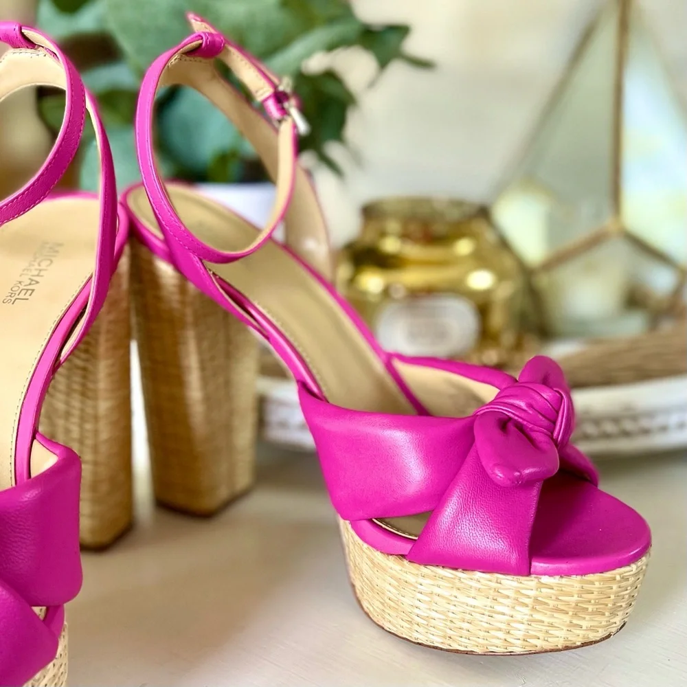 MICHAEL KORS Sadie Platform Leather Bow High Heeled Sandals Magenta Pink 8.5 - Picture 2 of 15